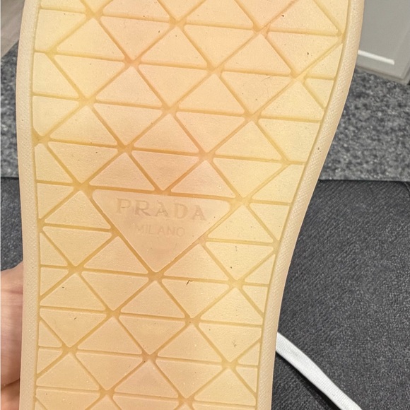 Prada White Leather Low-Top Sneaker with Beige Sole - Picture 3 of 4